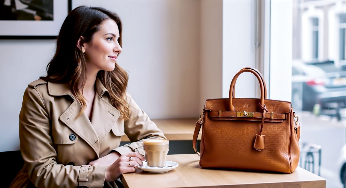 A hyper-realistic, professional photograph in the style of a chic London lifestyle blogger. A stylish woman in her late 20s sits at a minimalist wooden table in a bright, airy café in Notting Hill. She's dressed in a classic camel trench coat and is smiling subtly as she looks out the window. On the table next to her oat milk latte sits a beautiful, pre-loved tan leather Mulberry Bayswater bag, shown in sharp focus. The lighting is soft and natural, creating a warm, aspirational but achievable mood. The composition is a medium shot, focusing on the woman and the bag, evoking a sense of everyday luxury and smart style.