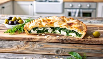 Hyper-realistic, professional food photography. A freshly baked, golden-brown spanakopita pie, cut to reveal the vibrant green spinach and white feta filling. Set on a rustic wooden table in a brightly lit kitchen. A few stray, flaky crumbs are scattered nearby, alongside a bowl of olives and a sprig of fresh dill. The style is warm and inviting, like a feature in a high-end British food magazine like Olive or Delicious.