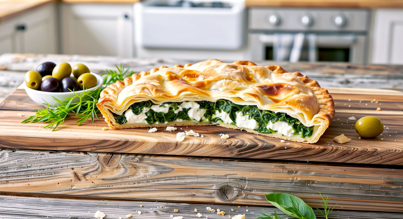 Hyper-realistic, professional food photography. A freshly baked, golden-brown spanakopita pie, cut to reveal the vibrant green spinach and white feta filling. Set on a rustic wooden table in a brightly lit kitchen. A few stray, flaky crumbs are scattered nearby, alongside a bowl of olives and a sprig of fresh dill. The style is warm and inviting, like a feature in a high-end British food magazine like Olive or Delicious.