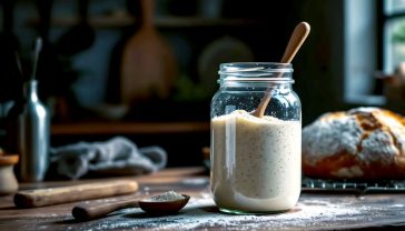 A hyper-realistic, professional food photograph capturing a rustic kitchen scene. In the centre, a large, clear glass Kilner jar filled with a bubbly, active sourdough starter, a wooden spoon resting beside it. In the background, a freshly baked, golden-brown sourdough loaf sits on a cooling rack, with a light dusting of flour on a wooden worktop. The lighting is soft and natural, coming from a nearby window, creating a warm, inviting, and wholesome mood. The style is reminiscent of a feature in BBC Good Food or a high-end British cookbook.