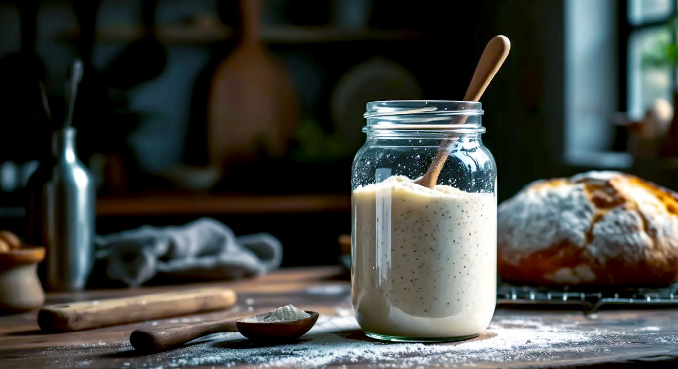 A hyper-realistic, professional food photograph capturing a rustic kitchen scene. In the centre, a large, clear glass Kilner jar filled with a bubbly, active sourdough starter, a wooden spoon resting beside it. In the background, a freshly baked, golden-brown sourdough loaf sits on a cooling rack, with a light dusting of flour on a wooden worktop. The lighting is soft and natural, coming from a nearby window, creating a warm, inviting, and wholesome mood. The style is reminiscent of a feature in BBC Good Food or a high-end British cookbook.