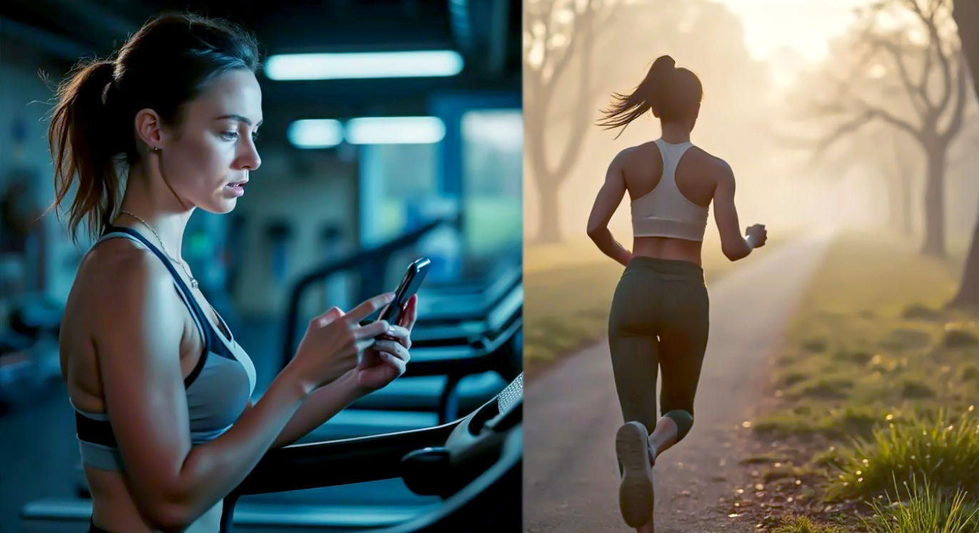 A hyper-realistic, split-focus photograph. On the left, a woman in her late 20s is on a treadmill, staring intensely at a photo of a model on her phone, her expression strained. On the right, the same woman is seen from behind, running outdoors in a British park on a misty morning; her posture is relaxed, and she has a subtle, content smile, capturing the joy of the movement itself. The lighting on the left is harsh gym lighting; on the right, it's soft, natural dawn light. Style: evocative and emotional, like a Dove campaign.
