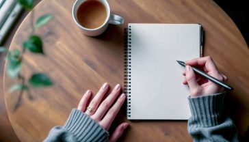 A hyper-realistic photograph, shot from directly overhead (flat-lay style). Soft, natural window light from the left. On a warm, slightly worn wooden table, a simple, open notebook (A5 size, cream-coloured paper, not stark white) sits next to a steaming mug of tea in a classic, plain ceramic mug. A person's hands (with clean, natural-looking nails) are visible, holding a simple pen and in the process of writing. The writing is intentionally illegible, just scribbled lines. The mood is calm, reflective, peaceful, and quintessentially British.