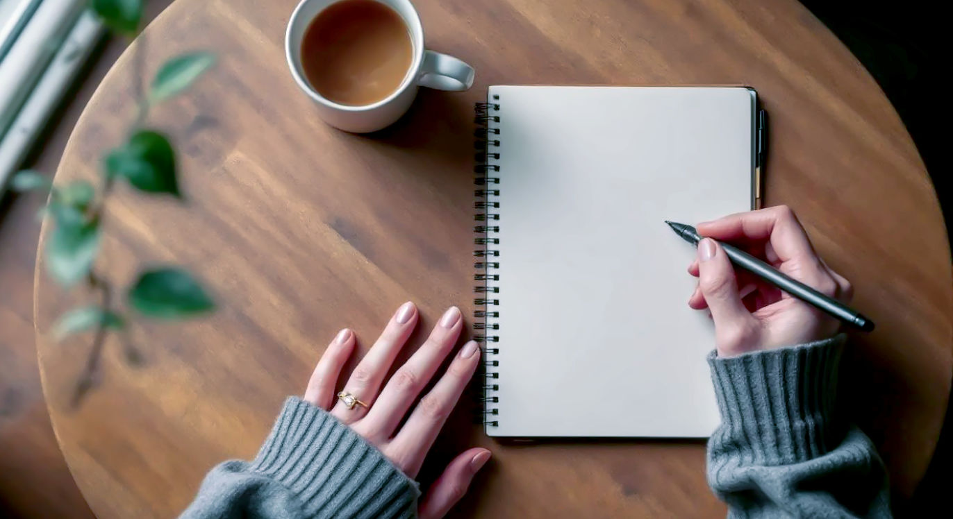 A hyper-realistic photograph, shot from directly overhead (flat-lay style). Soft, natural window light from the left. On a warm, slightly worn wooden table, a simple, open notebook (A5 size, cream-coloured paper, not stark white) sits next to a steaming mug of tea in a classic, plain ceramic mug. A person's hands (with clean, natural-looking nails) are visible, holding a simple pen and in the process of writing. The writing is intentionally illegible, just scribbled lines. The mood is calm, reflective, peaceful, and quintessentially British.