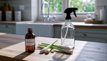 A hyper-realistic, professional photograph in the style of a Country Life magazine feature. Subject: A rustic, solid-oak kitchen worktop, bathed in soft, bright morning light from a nearby window. In the centre-left sits a small, dark amber glass bottle with a minimalist white label simply reading 'Lemongrass'. Beside it, to the right, are three fresh, green lemongrass stalks, and a clear glass spray bottle filled with a homemade cleaning solution.