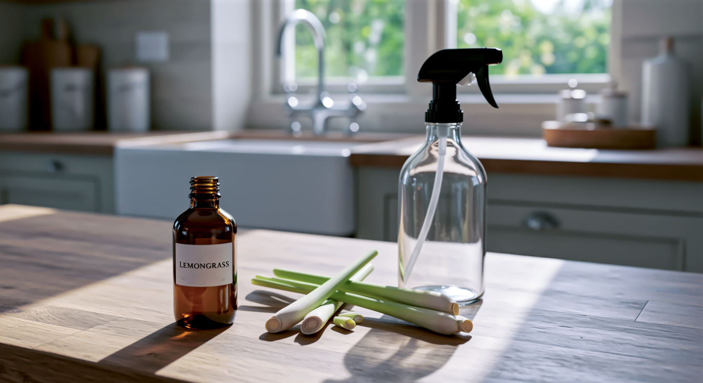 A hyper-realistic, professional photograph in the style of a Country Life magazine feature. Subject: A rustic, solid-oak kitchen worktop, bathed in soft, bright morning light from a nearby window. In the centre-left sits a small, dark amber glass bottle with a minimalist white label simply reading 'Lemongrass'. Beside it, to the right, are three fresh, green lemongrass stalks, and a clear glass spray bottle filled with a homemade cleaning solution.