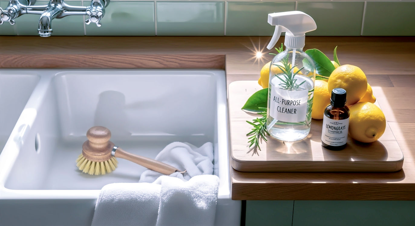 A hyper-realistic, professional photograph in the style of a Country Life feature. Subject: A close-up shot of a classic white 'Belfast' sink in a utility room. Inside the sink rests a traditional wooden scrubbing brush and a white cleaning cloth. On the wooden draining board sits the homemade glass spray bottle (from the main prompt), a small pile of fresh lemons, and the dark amber 'Lemongrass' bottle.