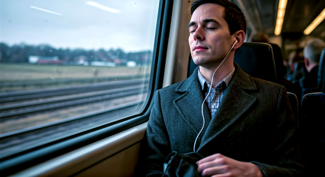 A hyper-realistic photograph set on a busy British commuter train. The shot focuses on a person in their 30s sitting by the window, wearing a coat and holding a bag. They have discreet earbuds in, and their eyes are gently closed, wearing a calm, centered expression. Outside the window, the scenery is blurred with motion, or we see a typically grey, rainy fields and distant towns. The background of the carriage is softly blurred, showing other commuters. The image perfectly contrasts the external chaos of a busy life with a moment of internal peace.