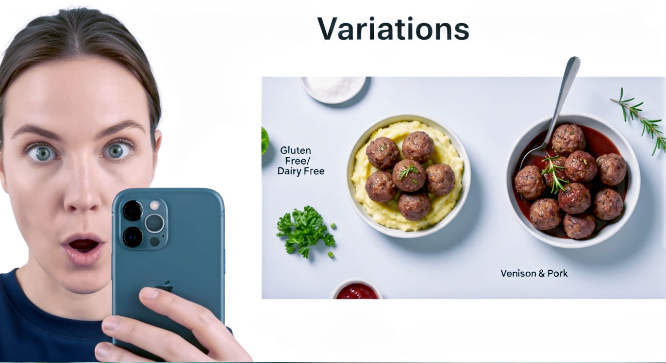 A dynamic, creative food flat lay or overhead shot illustrating the concept of "Variations." Show two distinct mini-servings of Swedish meatballs side-by-side or creatively arranged. One serving represents a lighter "Gluten-Free/Dairy-Free" variation (perhaps with subtle hints of different mashed vegetable accompaniment or alternative cream sauce), while the other could hint at a "Venison & Pork" blend (darker meatball, perhaps with a deeper coloured sauce or a sprig of rosemary/thyme). Use contrasting but harmonious small bowls or plates, and subtle background elements to differentiate the variations, while still clearly being Swedish meatballs. The lighting should be bright and engaging, inspiring experimentation.