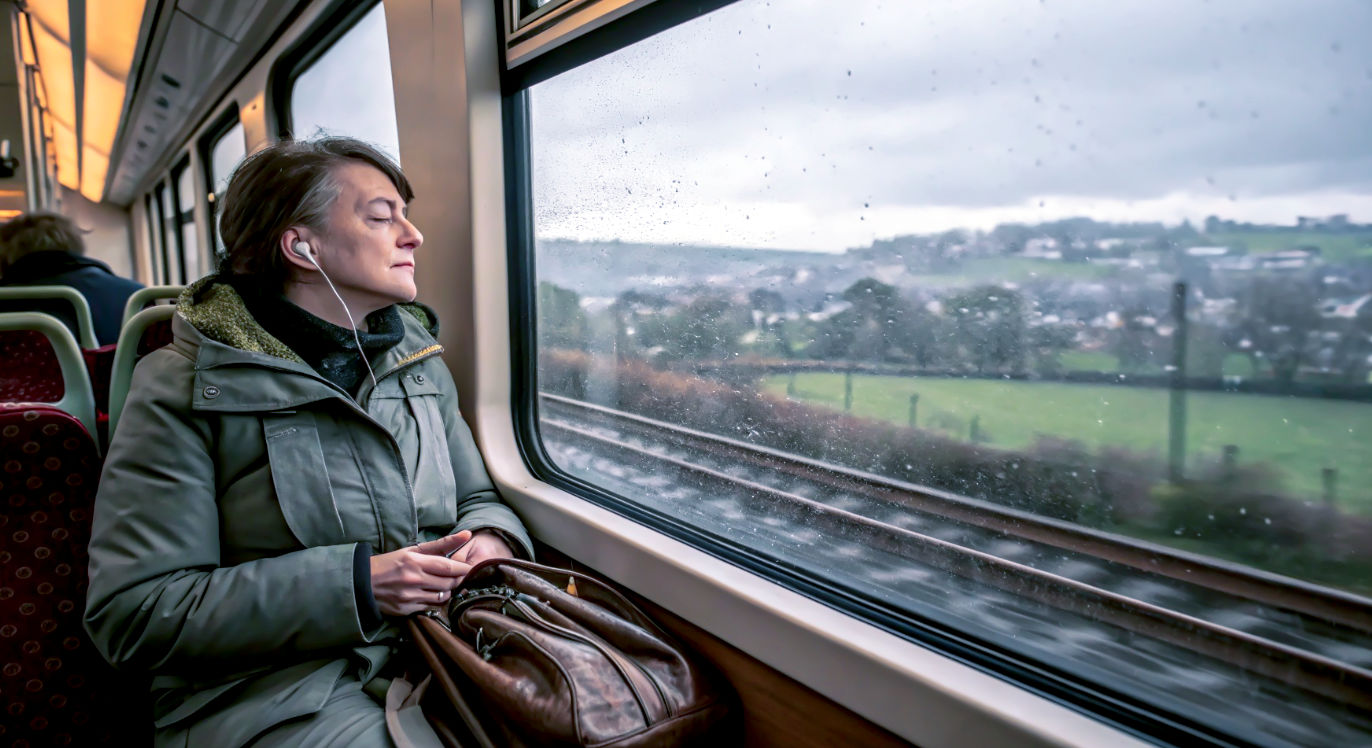 A hyper-realistic photograph set on a busy British commuter train. The shot focuses on a person in their 30s sitting by the window, wearing a coat and holding a bag. They have discreet earbuds in, and their eyes are gently closed, wearing a calm, centered expression. Outside the window, the scenery is blurred with motion, or we see a typically grey, rainy fields and distant towns. The background of the carriage is softly blurred, showing other commuters. The image perfectly contrasts the external chaos of a busy life with a moment of internal peace.