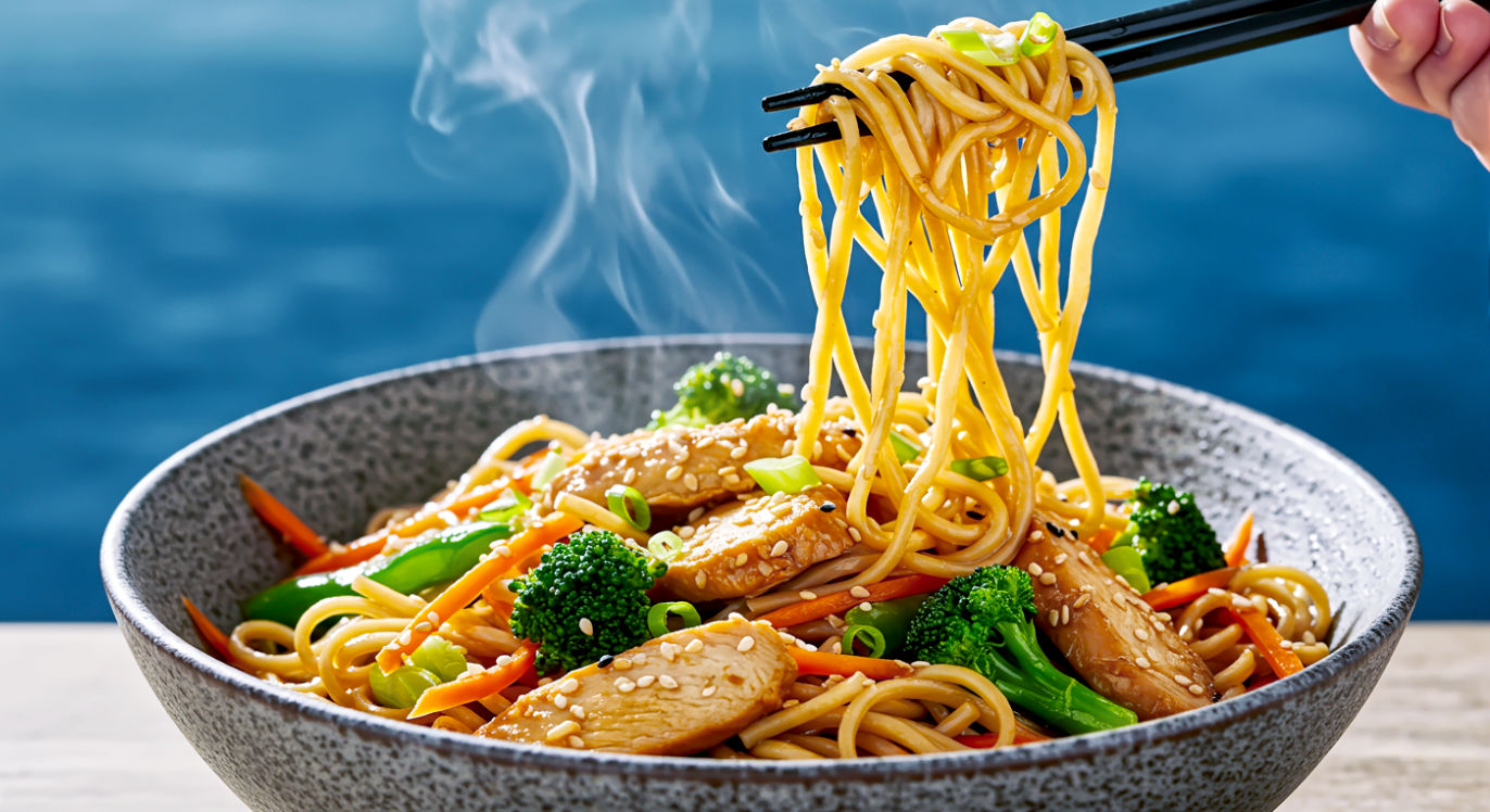 A dynamic, hyper-realistic food photograph in the modern, energetic style of Mob Kitchen. A deep stoneware bowl is piled high with steaming egg noodles, thinly sliced chicken, and crisp vegetables like broccoli florets and carrot ribbons, all coated in a glossy soy-honey glaze. A pair of black chopsticks is lifting a tangle of noodles from the bowl, creating a sense of action. The background is slightly blurred, suggesting a bustling kitchen. The lighting is bright and sharp, highlighting the fresh ingredients, toasted sesame seeds, and sliced spring onions sprinkled on top. The mood is vibrant, healthy, and delicious.
