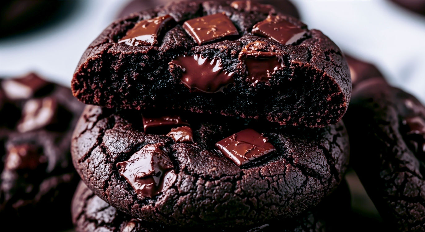 An indulgent, dark, and rich close-up of several almond flour double chocolate cookies. They should appear intensely fudgy, almost like brownies, with visible melted dark chocolate chunks within and on the surface. Perhaps one cookie has a slight crack, revealing its moist interior. The lighting is slightly moodier to enhance the decadence.