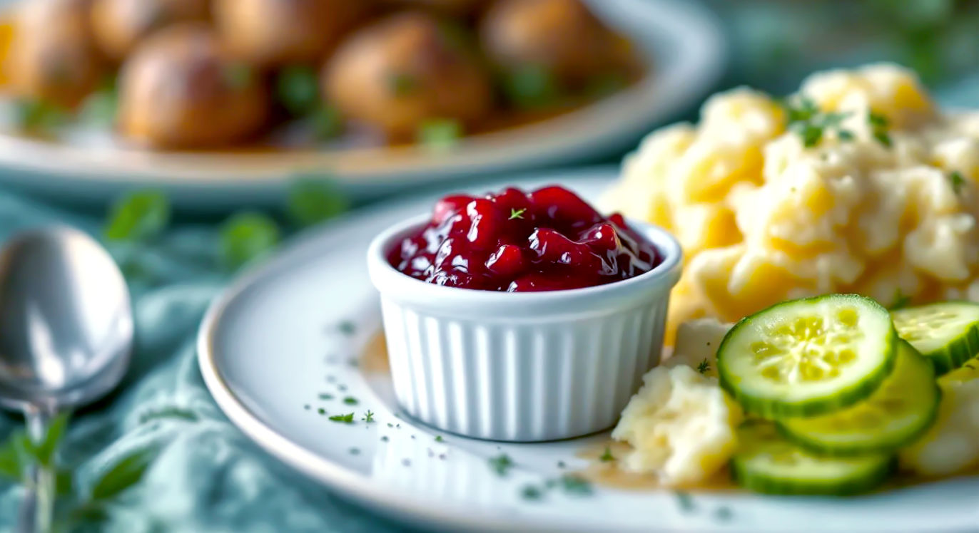 A beautiful, composed close-up photograph featuring the "Holy Trinity" of Swedish meatball accompaniments. The shot should highlight a small white ramekin or bowl of vibrant red lingonberry jam, a side dish of crisp, thinly sliced pickled cucumbers, and a serving of perfectly creamy mashed potatoes, perhaps with a slight swirl or indentation. The meatballs and gravy are intentionally out of focus in the background, drawing attention to these crucial side elements. The lighting is soft and inviting, emphasizing texture and colour, as if from a lifestyle food blog or cookbook.