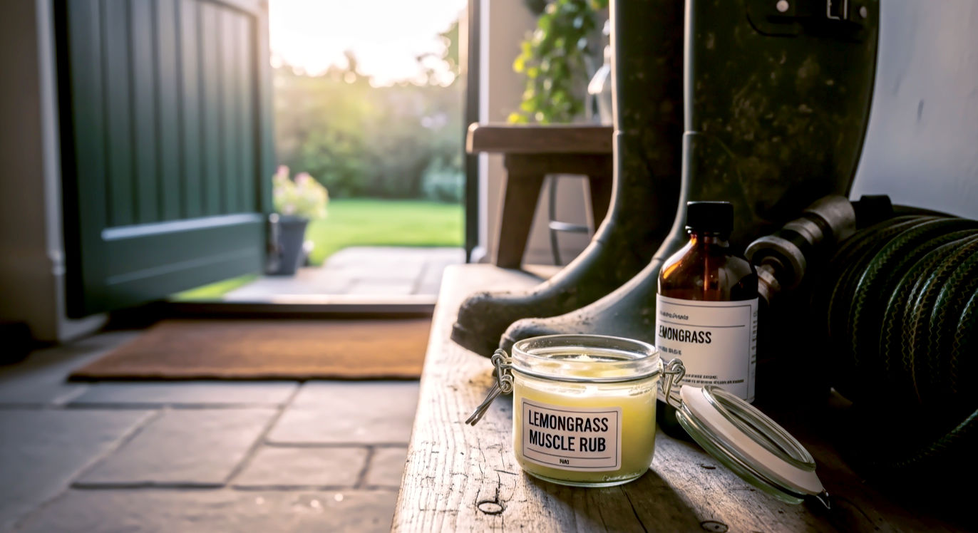 A hyper-realistic, professional photograph capturing a scene in a rustic British boot room or by a back door. Subject: A small, open glass jar of homemade 'Lemongrass Muscle Rub' sits on a worn wooden bench. Next to it are a pair of muddy green wellington boots and a neatly coiled garden hose. The dark amber 'Lemongrass' bottle is placed beside the jar.