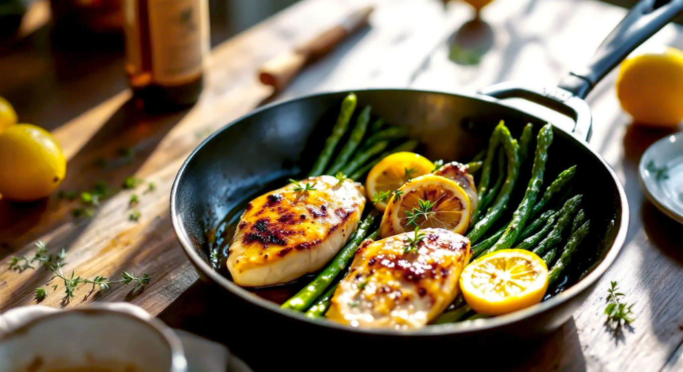 A hyper-realistic, professional food photograph in the style of a Country Life feature. The shot captures a rustic wooden kitchen table where a gleaming cast-iron skillet sits in the centre. Inside, two perfectly cooked chicken breasts have a golden-brown sear, nestled amongst vibrant green asparagus spears and slices of charred lemon. Soft, natural window light illuminates the scene from the side, highlighting the glistening chicken and a few scattered fresh thyme leaves. The mood is warm, effortlessly elegant, and evocative of a fresh, simple British supper.