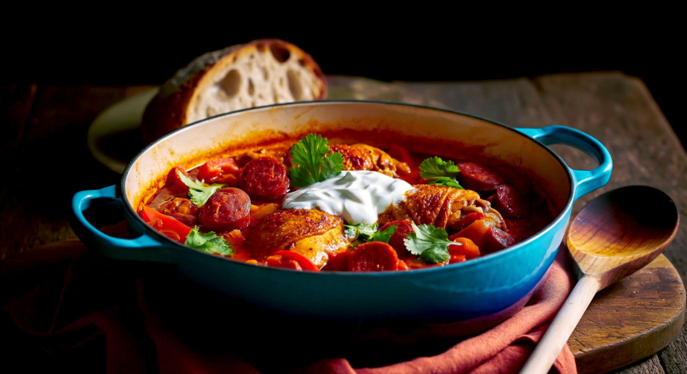 A hyper-realistic, vibrant food photograph with a rustic, travel-blog feel. A close-up shot focuses on a heavy, enamelled cast-iron casserole dish filled with a bubbling, deep-red stew. Visible are tender chunks of chicken, slices of spicy chorizo, and softened red and yellow peppers. The stew is garnished with a dollop of soured cream and a scattering of fresh coriander leaves. A rustic wooden spoon rests in the dish, and a hunk of crusty sourdough bread sits alongside. The lighting is warm and inviting, enhancing the rich colours. The mood is warming, flavour-packed, and full of Spanish sunshine.