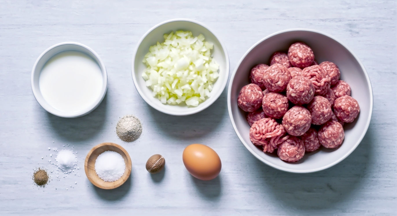 A vibrant, clean, and well-lit overhead shot in a professional food photography style, showcasing the key raw ingredients for Swedish meatballs laid out on a light wooden or marble kitchen counter. Include a bowl of mixed beef and pork mince, a small dish of soaking breadcrumbs in milk, finely chopped onion, an egg, and small piles of salt, white pepper, allspice, and nutmeg. The composition should be artfully arranged but clearly legible, suggesting preparation and fresh, quality ingredients, with soft, natural light. The overall feel should be inviting and hint at an organised, home kitchen.