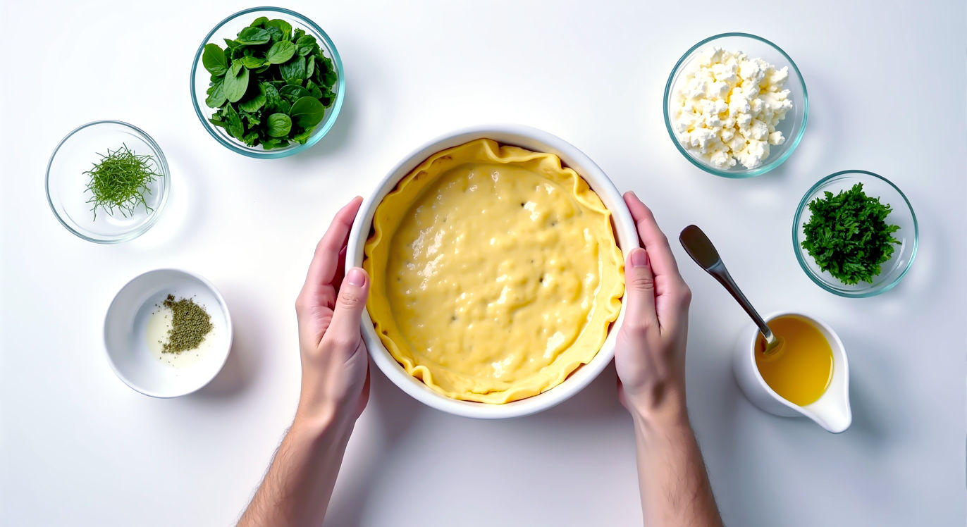 Professional food photography in a bright, clean, contemporary kitchen, shot from a top-down 'flat-lay' perspective, reminiscent of a BBC Good Food magazine recipe spread. The composition shows a pair of hands neatly assembling the spanakopita in a white ceramic baking dish. Arranged beautifully around the dish are the prepped ingredients in small glass bowls: vibrant green chopped spinach, crumbled feta cheese, finely chopped dill and parsley, and a small jug of golden olive oil with a pastry brush resting beside it. The lighting is bright and even, highlighting the freshness of the ingredients and making the process look clean, organised, and aspirational.