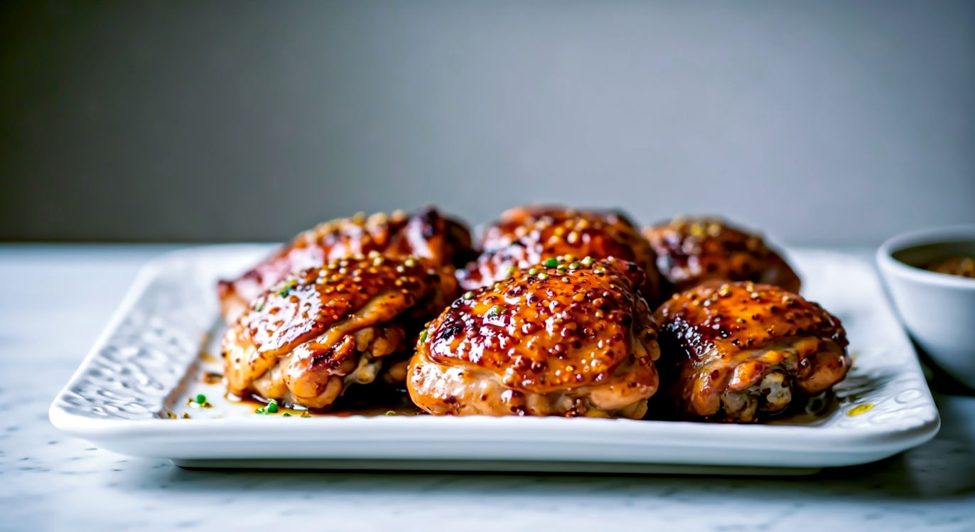 A crisp, hyper-realistic food photograph in the style of BBC Good Food, focusing on irresistible detail. A close-up shot on a simple white serving platter displays several sticky, caramelised chicken thighs. The glaze is bubbly and slightly charred at the edges, with wholegrain mustard seeds clearly visible. A small dish of the honey-mustard sauce sits nearby. The lighting is clean and direct, making the glaze glisten beautifully. The mood is mouth-watering, crowd-pleasing, and promises a deliciously messy dinner.
