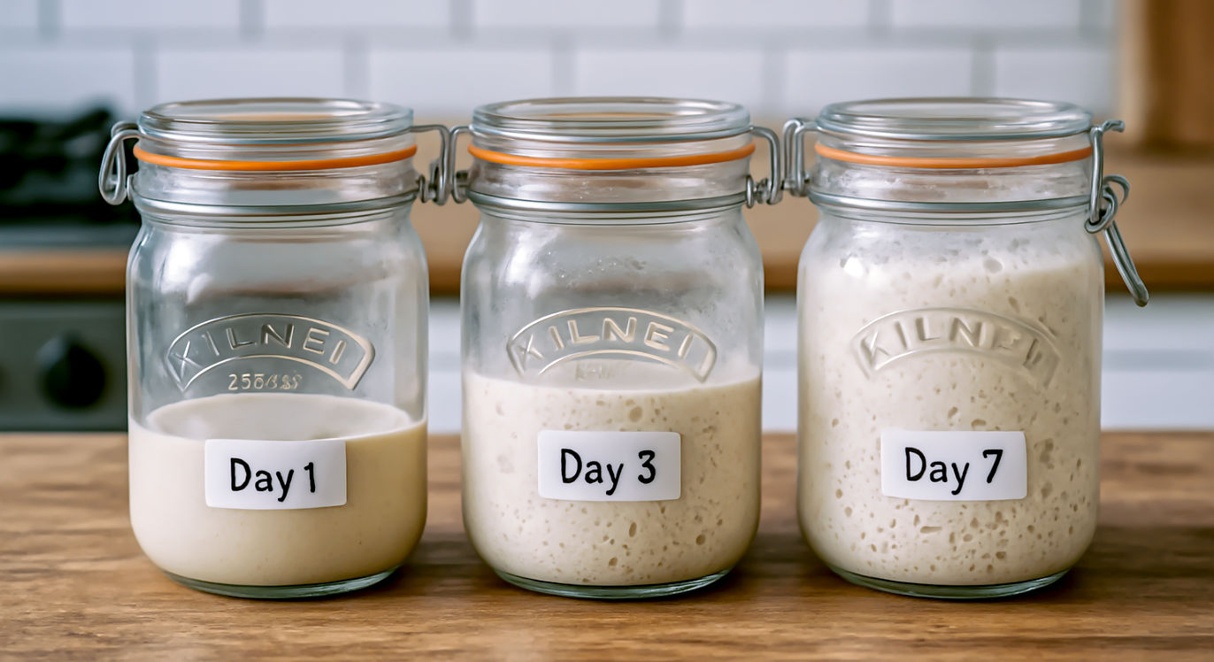 A professional, eye-level photograph depicting a sequence of three identical glass Kilner jars arranged in a row on a rustic wooden kitchen counter. The jars show the visual progression of a sourdough starter: the first jar contains a flat, dense paste labelled 'Day 1'; the second shows some bubbles and slight rise, labelled 'Day 3'; the third is full of life, bubbly and visibly risen to the top of the jar, labelled 'Day 7'. The lighting is clean and bright, highlighting the changes in texture and activity. The composition is organised and educational, evoking the feeling of a patient, scientific process in a home kitchen.