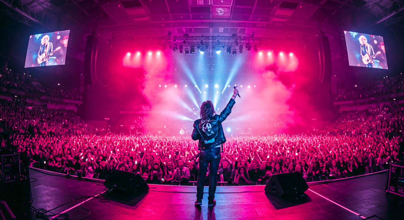 A vibrant, wide-angle professional concert photograph taken from just behind the lead singer on stage at a sold-out Wembley Arena. The perspective shows the back of a charismatic frontman with quintessential '80s rock hair, one arm raised triumphantly towards a massive crowd. The entire arena is a sea of lighters and ecstatic faces, illuminated by spectacular pink and blue stage lights and a haze from a smoke machine. The giant video screens on either side of the stage show a close-up of a guitarist's blistering solo. The image captures the sheer scale, energy, and commercial peak of '80s stadium rock.