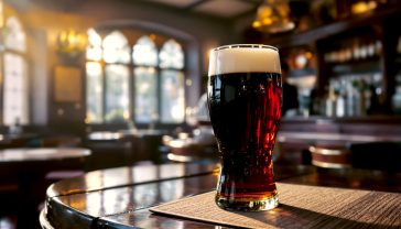 A hyper-realistic, professional photograph in the style of a classic documentary feature. The scene is inside a cosy, traditional British pub on a late afternoon. Soft, warm light streams through a leaded glass window, illuminating dust motes in the air. The camera is at table-level, showing a perfectly poured pint of dark cask ale with a creamy head sitting on a wooden beer mat. In the soft-focus background, the polished mahogany bar gleams, and the silhouette of the landlord can be seen chatting to a regular. The mood is warm, nostalgic, peaceful, and quintessentially British.