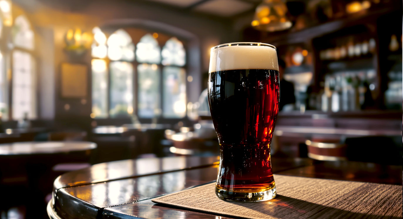 A hyper-realistic, professional photograph in the style of a classic documentary feature. The scene is inside a cosy, traditional British pub on a late afternoon. Soft, warm light streams through a leaded glass window, illuminating dust motes in the air. The camera is at table-level, showing a perfectly poured pint of dark cask ale with a creamy head sitting on a wooden beer mat. In the soft-focus background, the polished mahogany bar gleams, and the silhouette of the landlord can be seen chatting to a regular. The mood is warm, nostalgic, peaceful, and quintessentially British.