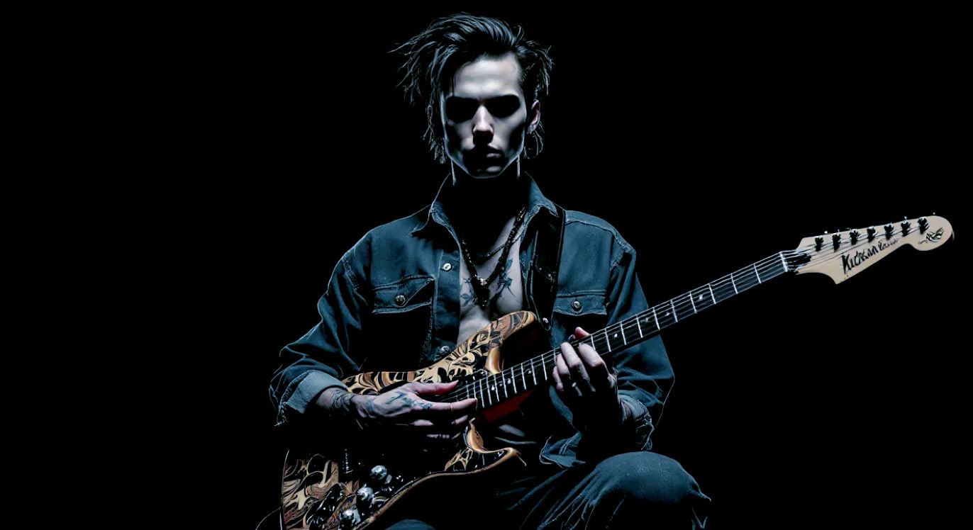 A powerful, hyper-realistic studio portrait in the style of a classic, dramatic magazine photograph. The subject is a single, symbolic figure who embodies the era's biggest icons, with androgynous flair, working-class denim, and enigmatic coolness. They are holding an iconic, custom-painted electric guitar under a single, dramatic spotlight against a simple, dark backdrop. The mood is reverent and timeless, capturing a larger-than-life artist at the absolute height of their cultural power and influence.