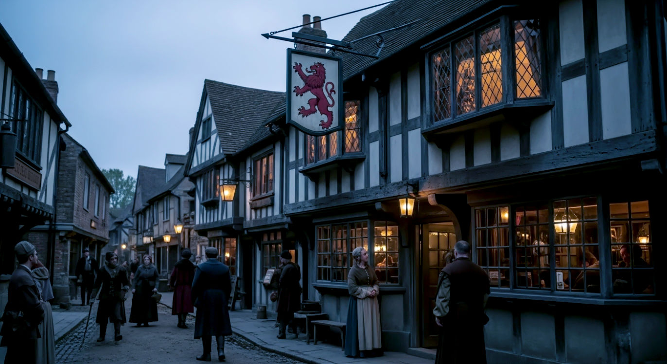 A photorealistic, wide-angle shot in the style of a high-budget BBC historical drama. The scene depicts the exterior of a timber-framed medieval English inn on a bustling cobbled street at dusk. A hand-painted wooden sign of a roaring red lion hangs prominently. The inn's leaded windows glow with warm, inviting lantern light, and patrons in authentic period clothing are seen coming and going. The atmosphere is lively and communal, evoking a sense of ancient British hospitality and the deep historical roots of the pub.