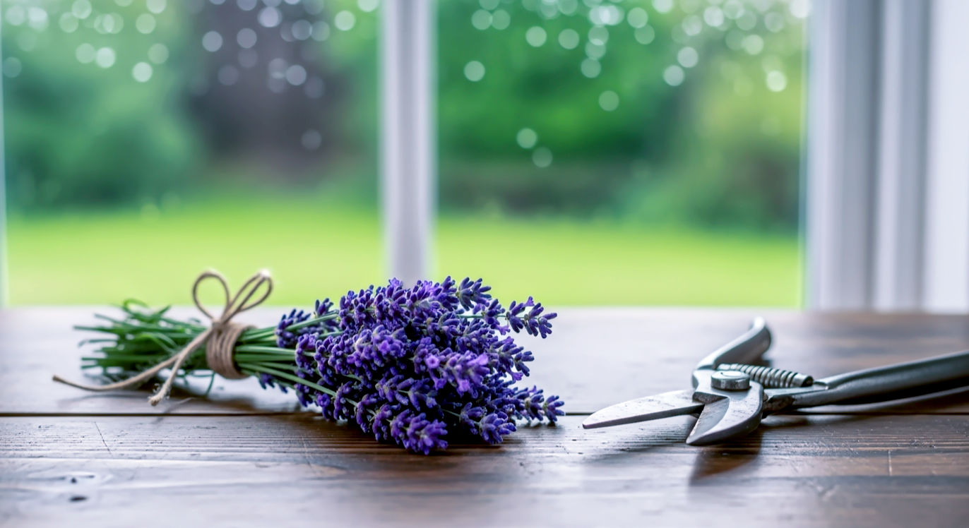 A hyper-realistic, cosy-style photo, shot close-up on a rustic farmhouse kitchen table. A small, freshly-cut bunch of vibrant purple lavender, tied with natural garden twine, rests on the dark wood. Next to it, a pair of traditional, slightly worn metal garden secateurs. In the background, a window with soft raindrops looks out onto a blurred, lush green British garden