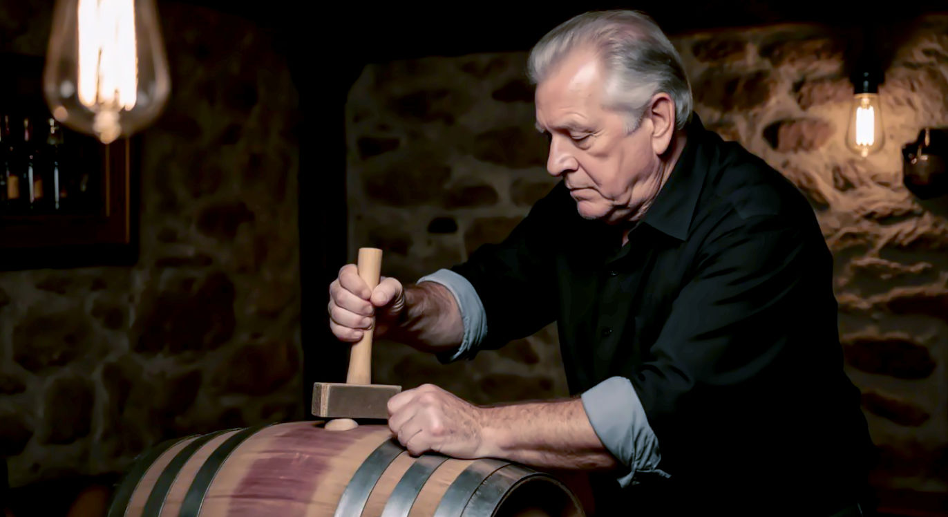 A candid, professional photograph with a shallow depth of field, capturing the "cellarman's art." The subject is a publican in their 50s with rolled-up sleeves, focused intently on tapping a traditional wooden cask with a mallet. The setting is a rustic, stone-walled pub cellar. The lighting is low-key and atmospheric, coming from a single bare bulb that casts long shadows and highlights the texture of the stone and wood. The mood conveys craftsmanship, tradition, and the quiet expertise required to pull the perfect pint.