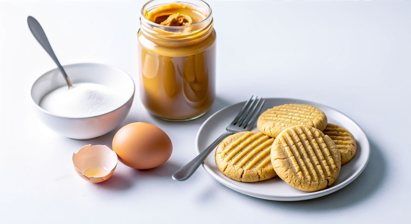 A minimalist, clean shot showcasing the simplicity of the 3-ingredient peanut butter cookies. A small plate holds a few freshly baked cookies with their distinctive fork-pressed criss-cross pattern. Next to them are the three core ingredients: a jar of smooth peanut butter, a bowl of caster sugar, and a single egg, perhaps casually placed. Bright, natural light.