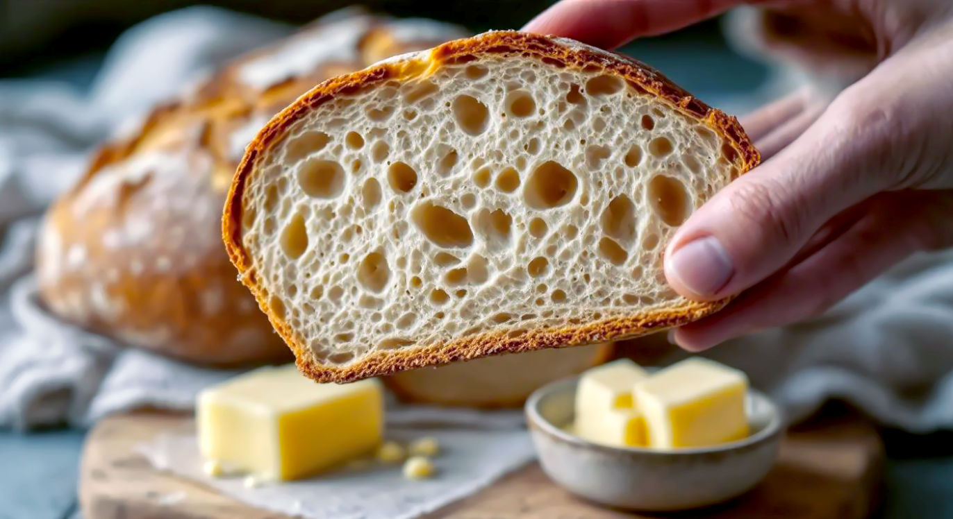 A hyper-realistic, close-up photograph focusing on a single, thick slice of artisan sourdough bread being held up to soft, natural light. The intricate, airy crumb structure is clearly visible, with bubbles of varying sizes. The crust is a deep, rustic golden-brown with beautiful blistering. In the blurred background, the rest of the loaf sits on a wooden board next to a block of high-quality British butter in a ceramic dish. The mood is one of pure satisfaction and delicious simplicity, in the style of a Sainsbury's Magazine food feature.