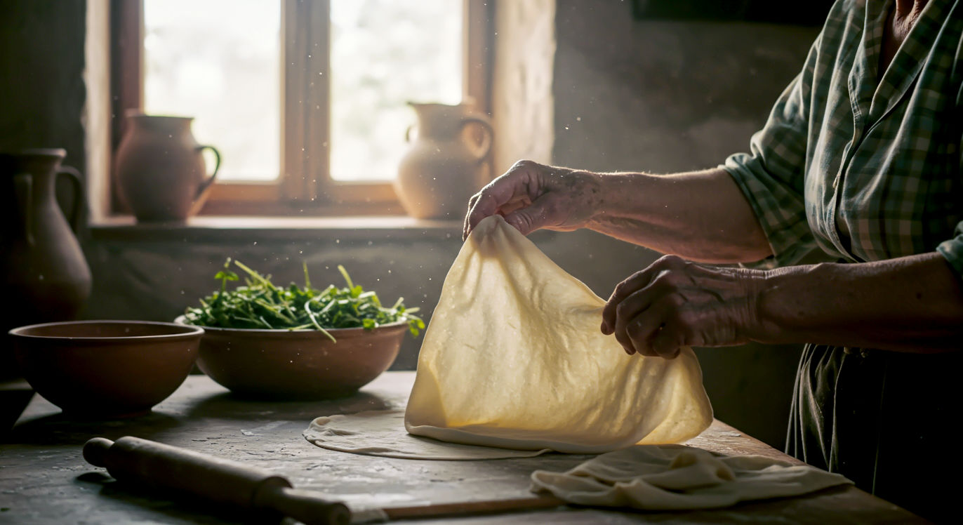 A hyper-realistic photograph in the style of a historical feature in Saveur magazine. An old, stone-walled Greek kitchen with soft, warm sunlight streaming through a rustic window. The focus is on a pair of weathered, flour-dusted hands belonging to an elderly Greek yiaåçyia (grandmother), delicately and expertly stretching a sheet of filo pastry until it's almost translucent. In the softly blurred background, ancient pottery and a bowl of wild greens are visible. The mood is nostalgic, warm, and deeply authentic, capturing a sense of culinary heritage being passed down through generations.