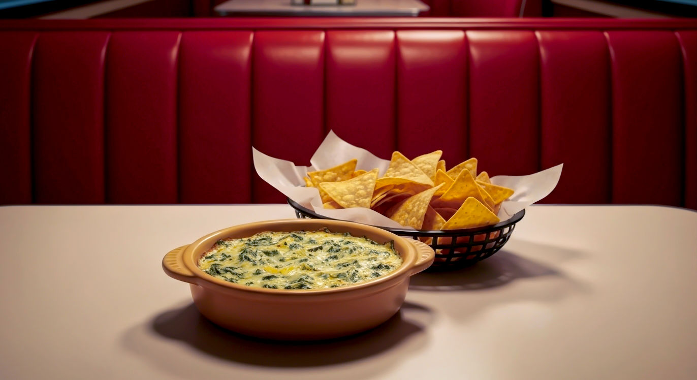 A hyper-realistic photograph with a subtle, 1980s retro filter, styled like a feature in a vintage foodie magazine. The scene is a classic American diner booth with red vinyl seating. In the centre of the table sits a ceramic bowl of spinach artichoke dip, surrounded by a basket of classic triangular tortilla chips. The lighting is warm and slightly dramatic, mimicking the ambient glow of a diner at dusk. The mood is nostalgic and social, capturing the dip's origins as a casual, crowd-pleasing American classic.
