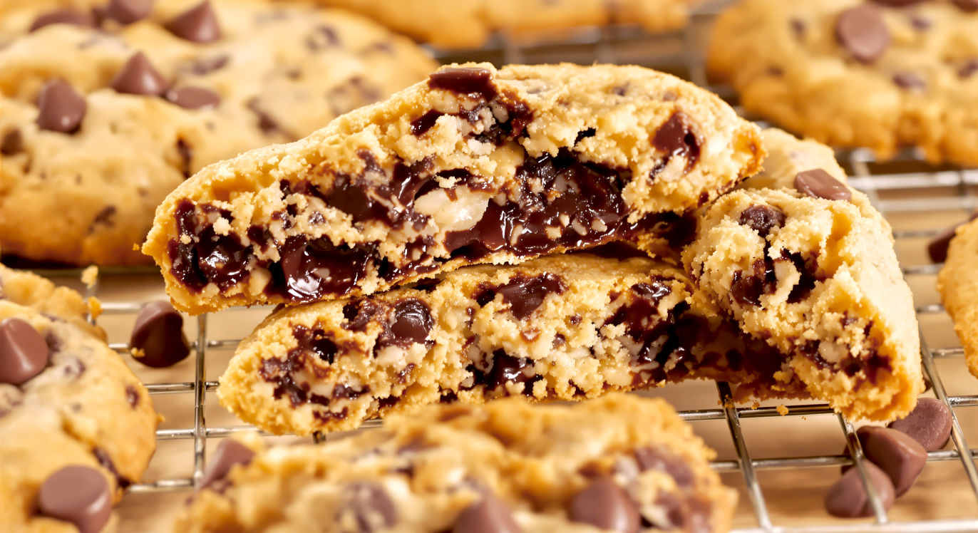 A close-up, mouth-watering shot of several freshly baked almond flour chocolate chip cookies. One cookie is broken in half, revealing a gooey, melted chocolate interior and a perfectly soft, chewy texture. The cookies are arranged casually on a cooling rack, with a few stray chocolate chips visible. Warm, inviting lighting.