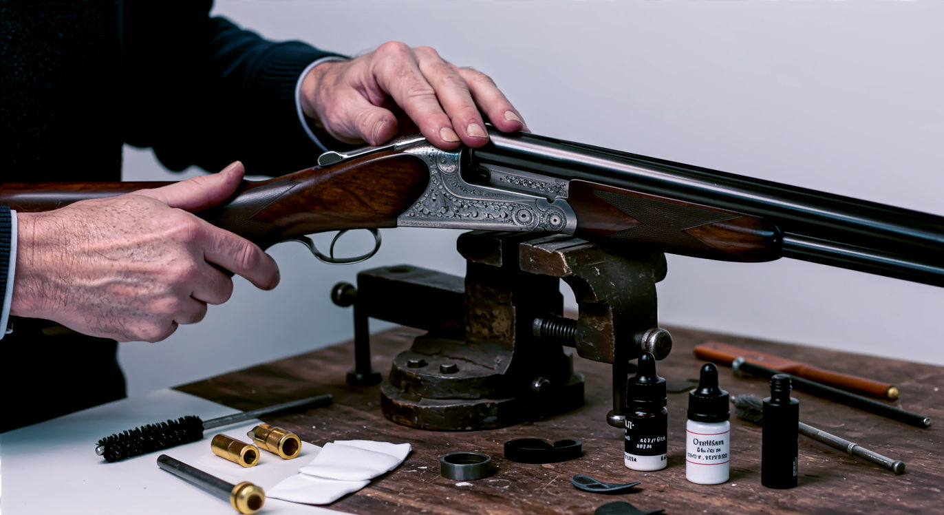 A hyper-realistic, professional photograph in the style of a Fieldsports magazine feature. An experienced gunsmith with weathered hands is meticulously cleaning a classic British side-by-side shotgun. The firearm rests in a dark wooden vise on a rustic workbench, surrounded by an array of bespoke cleaning tools: brass jags, carbon fibre rods, small bottles of oil, and clean white patches. The lighting is soft and warm, coming from a low-angled window, highlighting the rich grain of the walnut stock and the intricate engraving on the receiver. The mood is one of quiet concentration, heritage, and timeless craftsmanship.