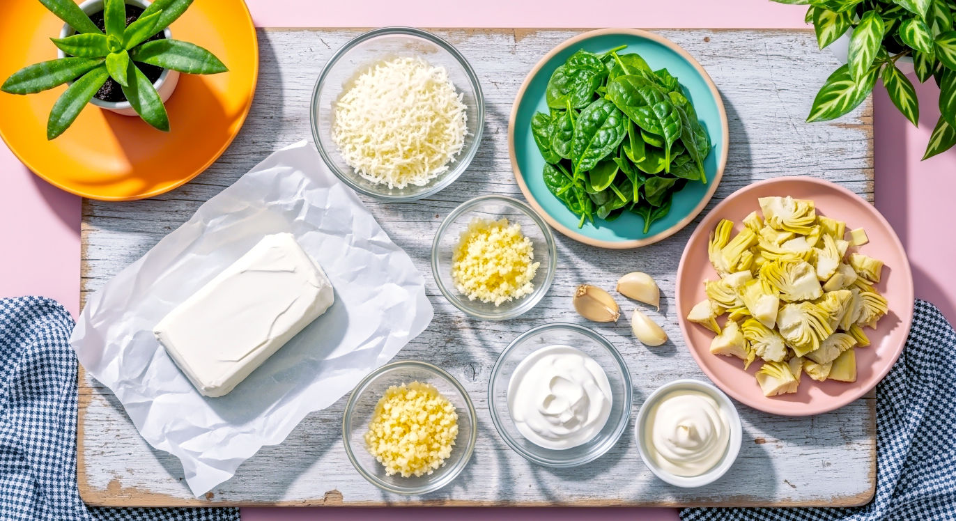 A bright and clean, professional top-down photograph (flat lay) in the style of a BBC Good Food recipe shoot. On a light-coloured, rustic wooden surface, all the ingredients for the dip are artfully arranged in a "mise en place." A softened block of cream cheese on wax paper, small glass bowls containing grated mozzarella, finely grated Parmesan, minced garlic, soured cream, and mayonnaise. A neatly squeezed mound of dry spinach and a pile of chopped artichoke hearts complete the scene. The lighting is natural and airy, as if from a large kitchen window, creating a fresh, organised, and inspiring mood that invites the reader to start cooking.