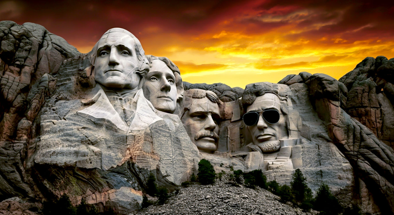 A breathtaking, cinematic, and slightly fantastical image depicting a "Mount Rushmore" of 1980s rock. Carved into a dramatic, rocky cliff face are the giant, iconic likenesses of four symbolic figures: a heavy metal god with flowing hair (Iron Maiden/Dio), an anthemic stadium rock hero with sunglasses (U2/Bon Jovi), a brooding alternative icon with distinctive hair (The Cure/The Smiths), and a dangerous hard rock rebel with a bandana (Guns N' Roses). The monument is set against a stormy, epic sunset, with golden light and dramatic clouds, evoking a sense of monumental, unshakeable, and timeless legacy.