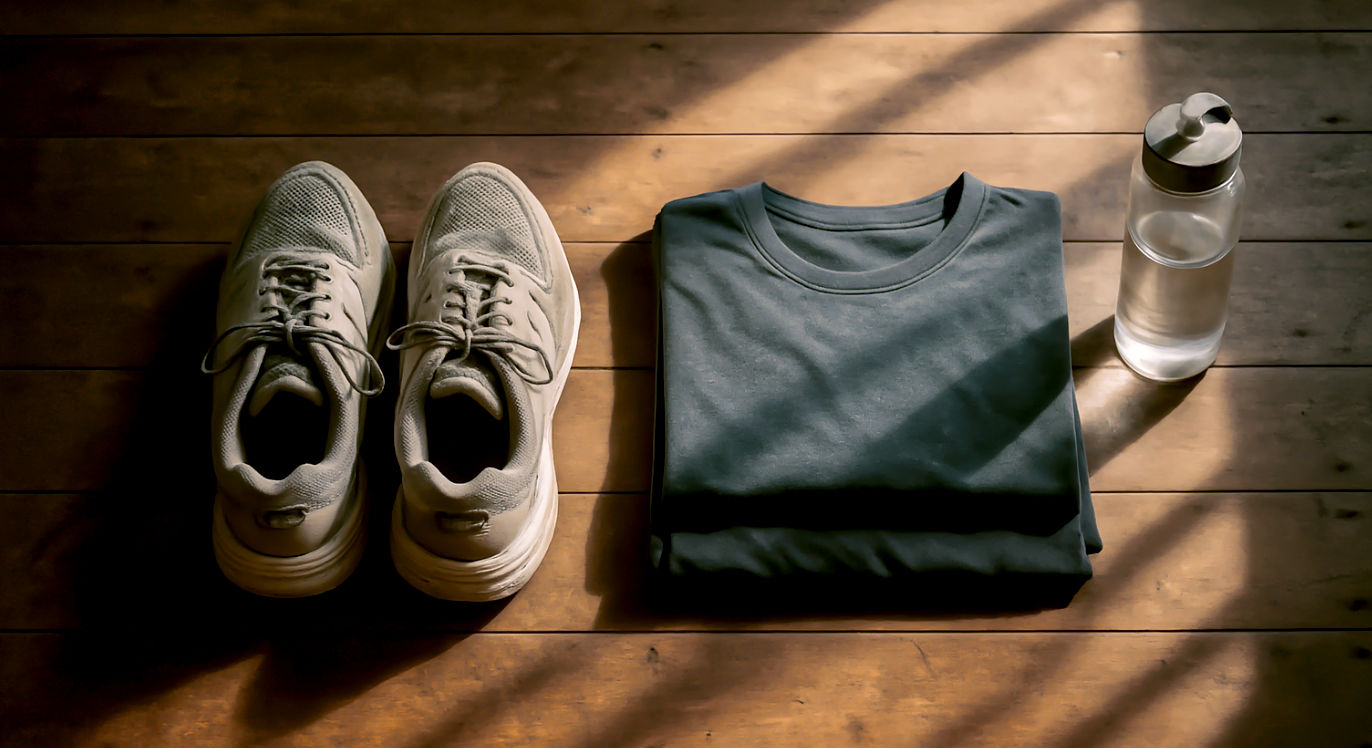 A top-down, hyper-realistic photograph of a worn wooden floor. A pair of well-used running trainers are neatly placed next to a set of folded gym clothes and a filled water bottle. Soft, early morning light streams in from a window just out of frame, casting long shadows. The scene is quiet and still, full of potential and the feeling of a task already begun. Mood: calm, preparatory, and gently motivating. Style: minimalist and atmospheric, like a shot from Kinfolk magazine.
