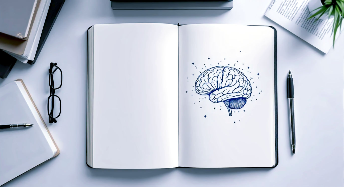 A hyper-realistic photograph, shot from directly overhead (flat-lay style), under cool, bright, professional studio lighting. The scene is set on a modern, minimalist white desk. An open journal (A5 size) is prominently displayed, with one page showing a detailed, hand-drawn (but neat, as if for an infographic) illustration of a simplified human brain, highlighting the amygdala and prefrontal cortex with subtle, abstract light trails connecting them. Next to it, a neatly arranged stack of academic-looking books or research papers, a pair of reading glasses, and a pen. The overall mood is intelligent, clear, and scientifically authoritative, with a clean aesthetic.