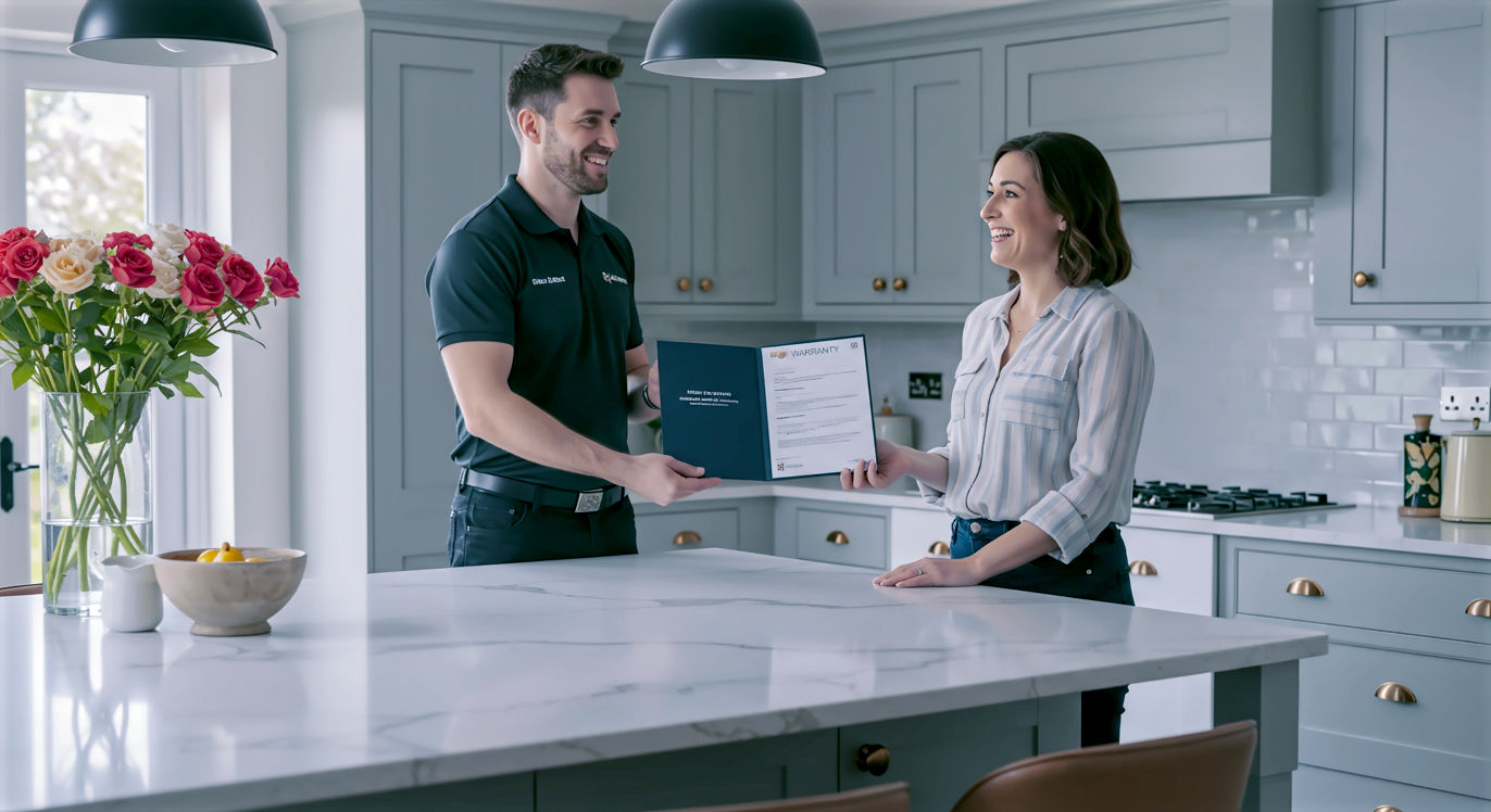 A hyper-realistic, professional photograph styled like a customer success story in a lifestyle magazine. A friendly, trustworthy worktop company representative (the same fitter from the main image) is standing with a delighted female homeowner in her early 40s in her brand-new, light-filled kitchen. They are both smiling, standing beside a beautiful white marble-effect quartz kitchen island. The representative is handing the homeowner a branded folder containing the warranty documents. The shot is a bright and welcoming medium shot, focusing on the positive interaction and their happy expressions. The kitchen, with its soft-grey shaker cabinets and brushed brass handles, is visible in the background. The scene is illuminated by warm, natural morning light, creating a mood of satisfaction, trust, and complete peace of mind. This image should convey the successful end of the project and the value of a good guarantee.