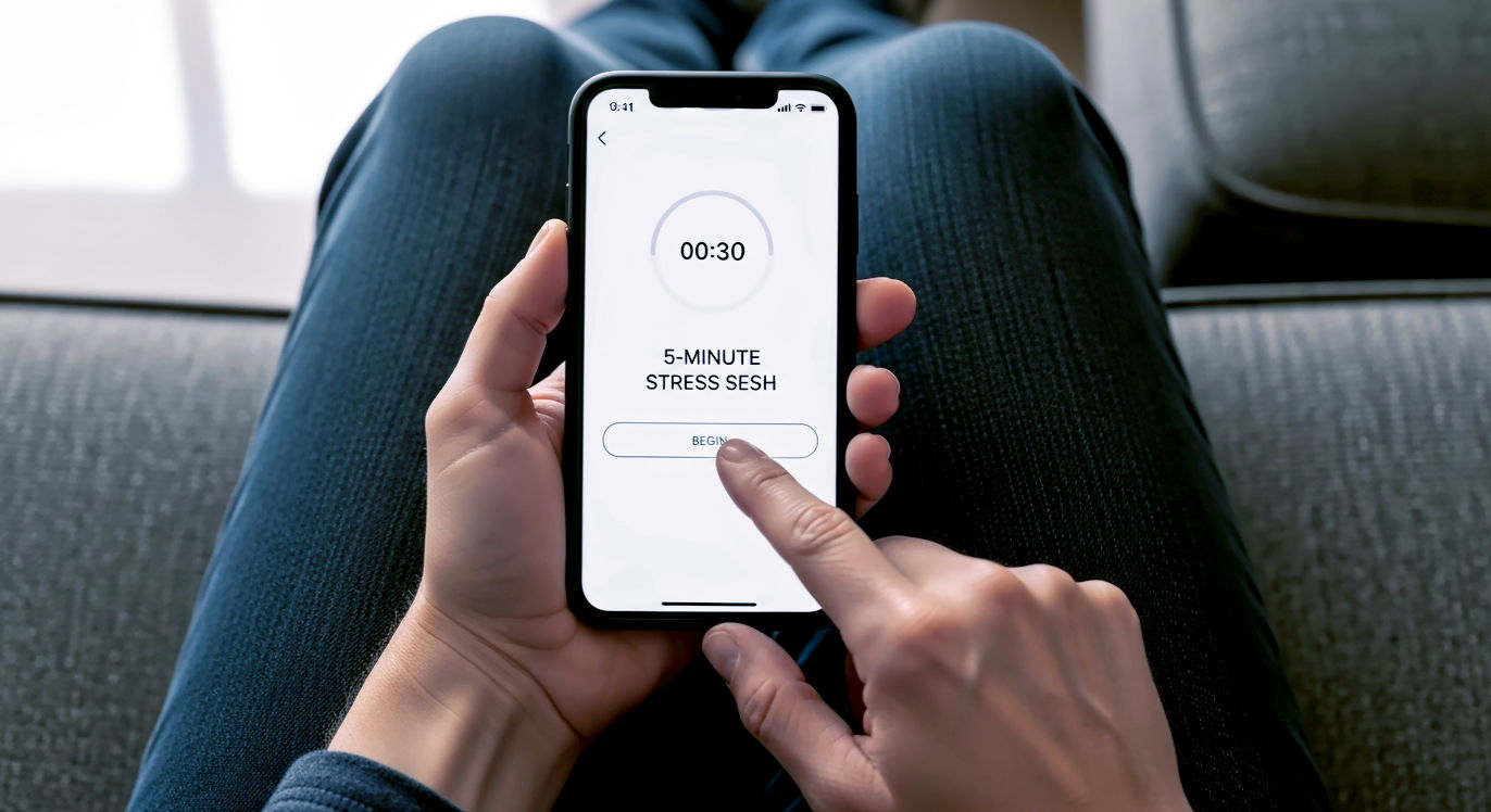 A hyper-realistic, top-down photograph. The focus is on a pair of hands resting in the lap of a person wearing casual clothes (e.g., jeans or joggers). One hand holds a smartphone, its screen illuminated, showing a simple, clear meditation app interface with a "5-Minute Stress Sesh" or "Begin" button. A finger is poised, just about to tap the screen. The setting is a relatable, slightly worn sofa or armchair. The lighting is soft and natural, capturing the simple, accessible first step.