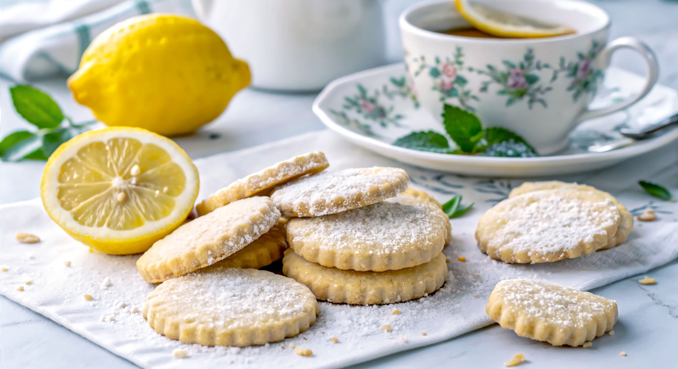 A beautifully styled shot of delicate almond flour lemon shortbread biscuits. Some are whole, others are artfully broken, showcasing their tender, crumbly texture. A lemon half with visible zest and a few fresh lemon leaves are placed beside them, along with a dusting of icing sugar. The setting is bright and fresh, evoking a classic British afternoon tea.