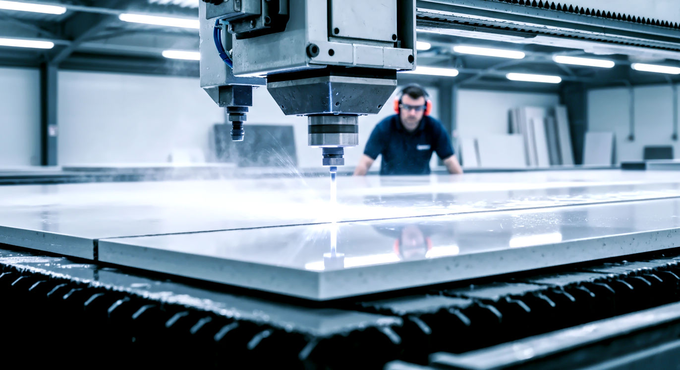 A dynamic, slightly cinematic photograph inside a modern stone fabrication workshop, focusing on a large piece of machinery in action.