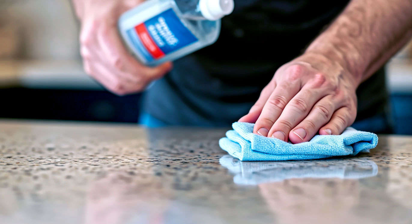 A close-up, practical, hyper-realistic photograph showing a pair of hands (clean, with short fingernails) in the act of applying a stone sealer to a light-coloured honed granite worktop. One hand holds a clear bottle of 'Granite Sealer', while the other uses a soft, lint-free microfibre cloth to evenly spread the liquid across the stone. The worktop is clean and dry. The background is slightly blurred, suggesting a typical, well-kept British kitchen counter.