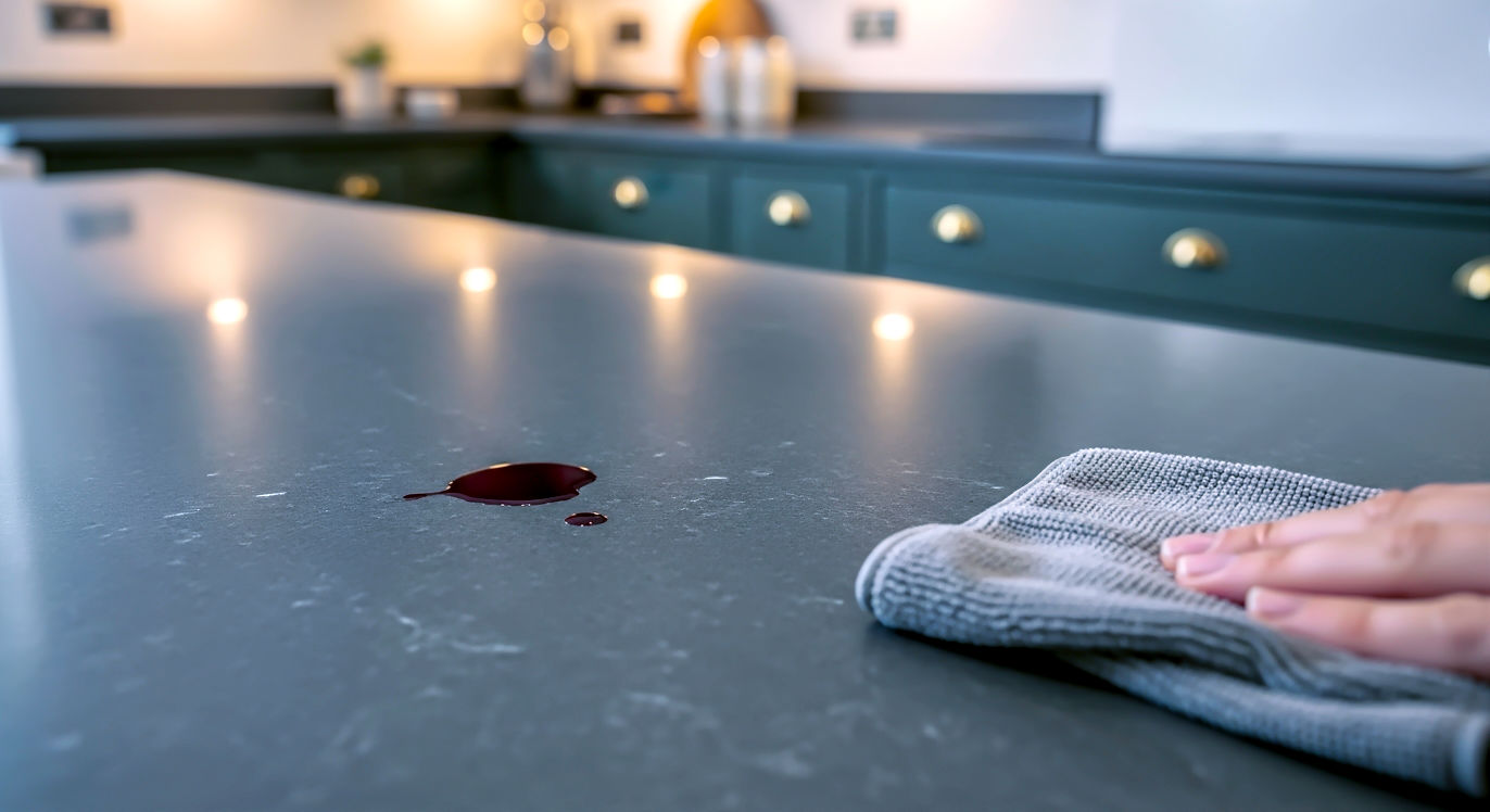 A hyper-realistic, professional photograph in the style of a Livingetc or Ideal Home magazine feature. The shot is a close-up, angled view of a kitchen island topped with a beautiful, matte, charcoal-grey honed granite worktop. On the surface, there's a small spill of red wine beading up, demonstrating the effect of a good sealer. A clean, damp microfibre cloth is just entering the frame, about to wipe it up. The kitchen background is softly blurred, showing modern, dark green or navy blue shaker-style cabinets and warm, ambient lighting. The mood is sophisticated, clean, and quintessentially British.