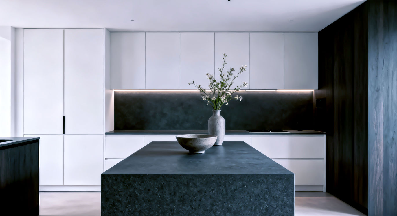 A high-end, aspirational interior photograph of a sleek, minimalist British kitchen. The central feature is a large island with a pristine, dark grey honed granite worktop. The surface is perfectly clean, showcasing its smooth, matte texture. There's a single, elegant vase with a simple floral arrangement or a carefully placed artisanal ceramic bowl. The surrounding cabinetry is handleless and contemporary, in a muted colour palette (e.g., matte white, dark wood). The lighting is subtle and indirect, highlighting the sophisticated, understated luxury of the honed finish, perfect for a meticulous homeowner.