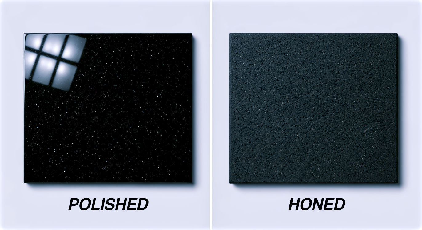 A split-screen, hyper-realistic studio photograph contrasting two identical granite samples. The left side shows a perfectly polished black granite tile, reflecting studio lights like a mirror. The right side shows the same black granite tile but with a soft, velvety honed finish, absorbing light and appearing as a deep charcoal grey. Both tiles are perfectly clean, showcased on a neutral grey background. The lighting is crisp and even, highlighting the textural difference.