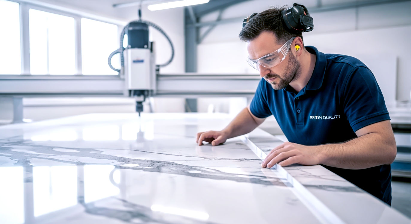 craftsman in their late 30s or 40s, wearing a clean, branded polo shirt (e.g., with a subtle, non-specific company logo), safety glasses, and ear defenders (pushed back on their head to show focus). They are leaning over a large slab of Calacatta quartz, intently inspecting a freshly cut edge with their fingers
